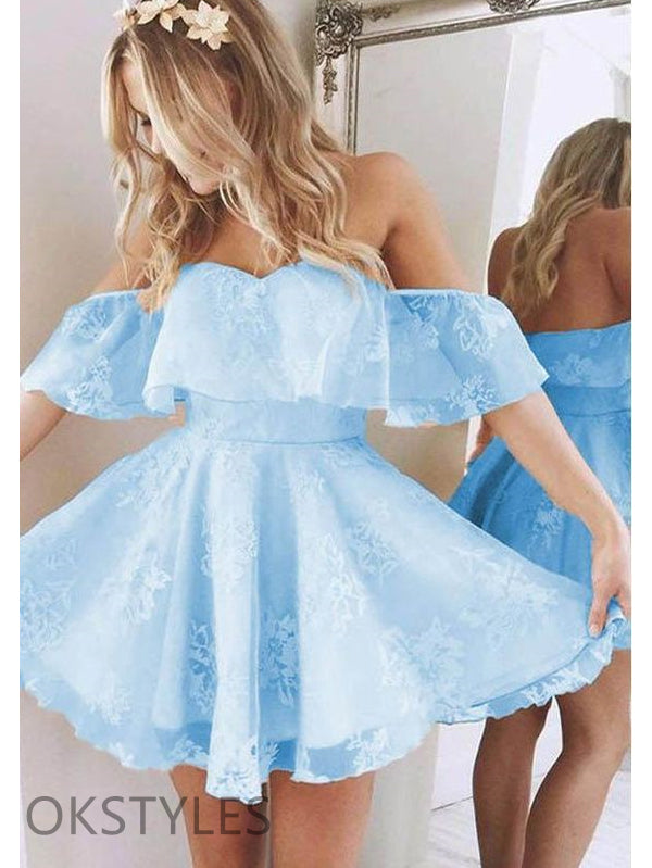 Blue A-line Off-Shoulder Lace Short Homecoming Dresses, OT433