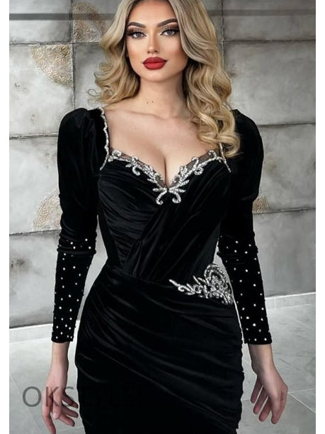 Black Long Sleeves Lace Side Slit Long Prom Dresses, OT146