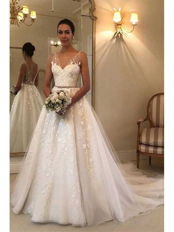 Glamorous V-neck Tulle Sleeveless Lace Wedding Dress, WD0513