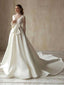 Modest High Neck Satin Tulle Lace Long Sleeves Wedding Dress with Bow, WD0516