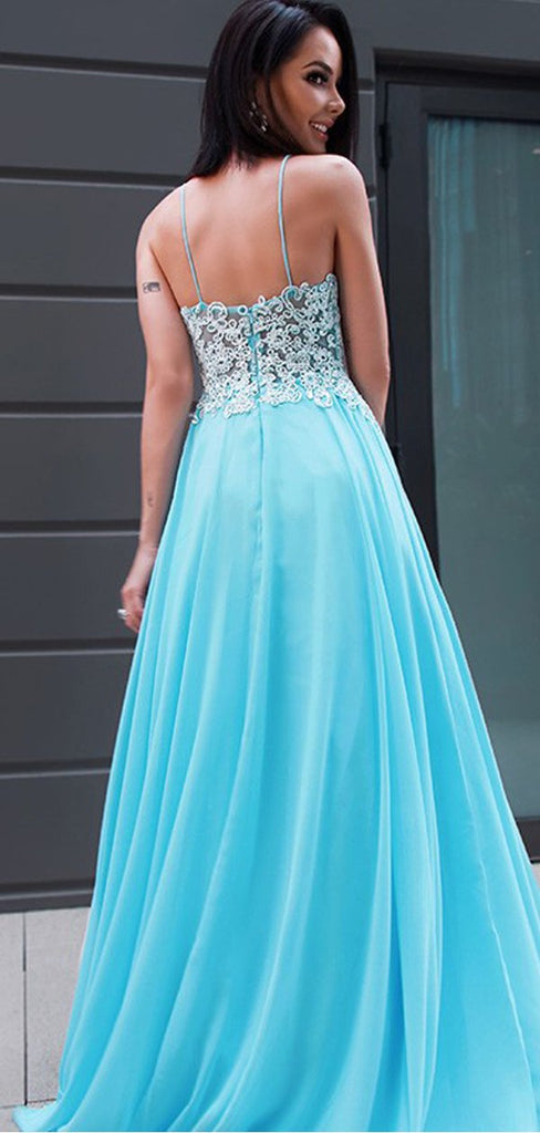 Blue A-line Lace Sleeveless Evening Prom Dresses, Sweet 16 Prom Dresses, OL085
