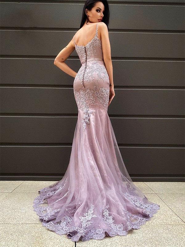 Mermaid Lace Applique V Neck Evening Prom Dresses, Sweet 16 Prom Dresses, OL084