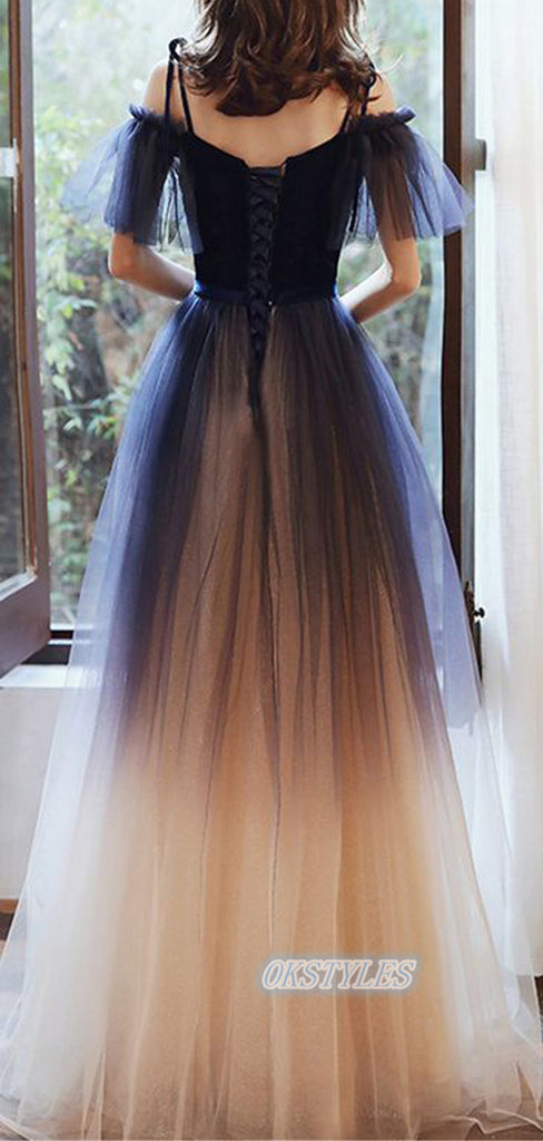 Beautiful A-line Spaghetti Straps Short Sleeves Floor Length Prom Dresses, OL058