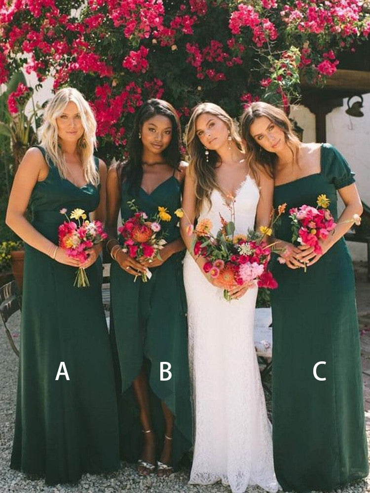 A-Line Floor Length V-neck Dark Green Bridesmaid Dresses, BD0545