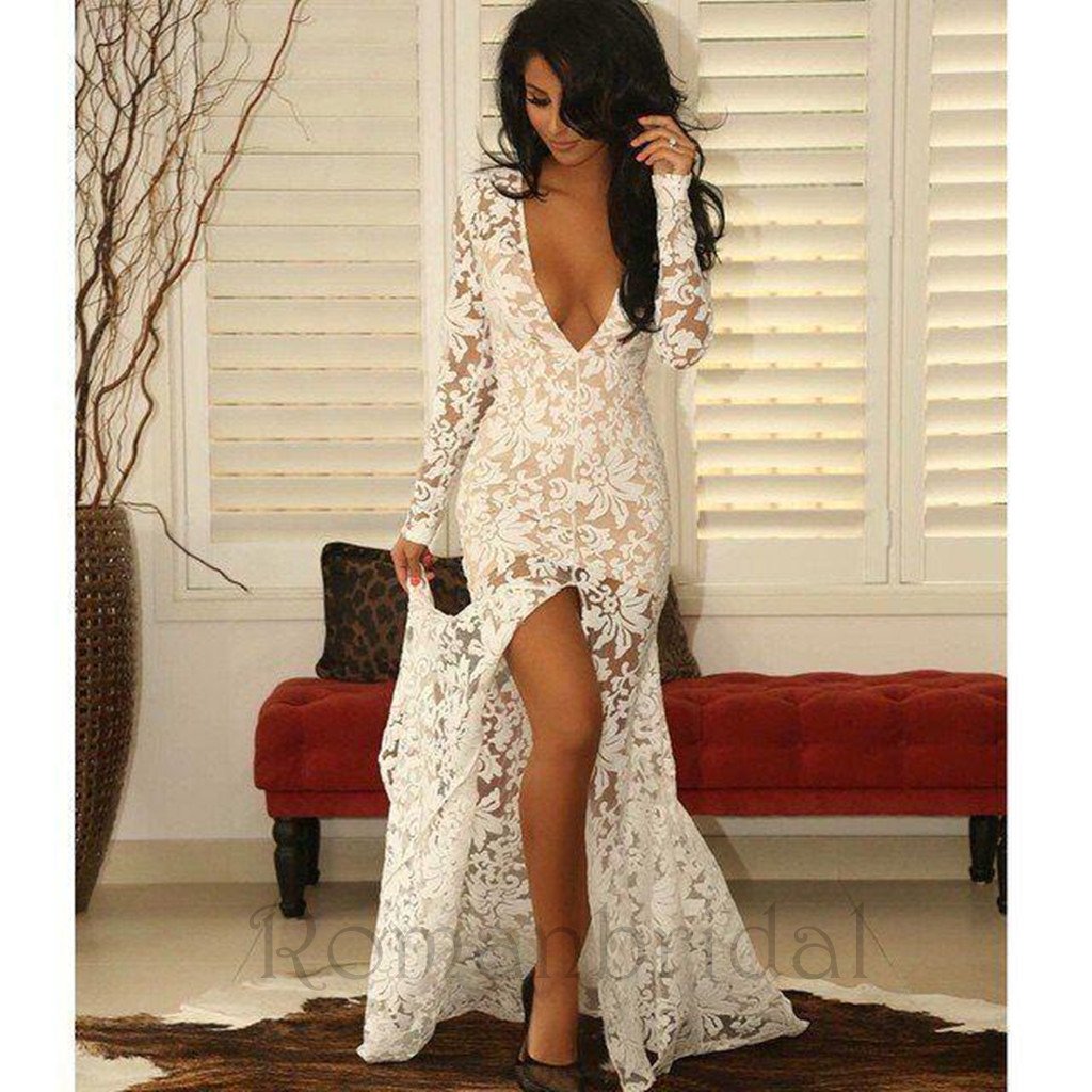 New Arrival Sheer Mermaid Party Dresses Plunging Neck Long Sleeves Front Split Illusion Lace Sexy Evening Gowns, Prom Dresses, PD0483