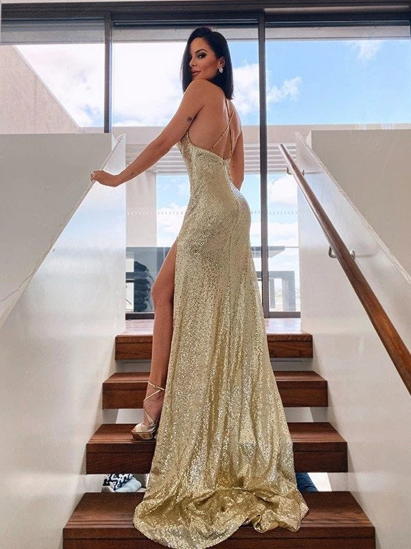 Elegant Spaghetti Straps A-line Sequins Long Prom Dress, OL417