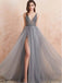 Sparkly V-neck Tulle Long Side Slit Prom Dress, DB10885