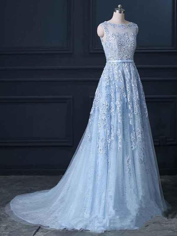 Elegant Blue Lace Beaded Illusion A-line Prom Dress, DB10886