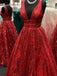 Sparkly Sequins A-line V-neck Red Prom Dress, DB10887