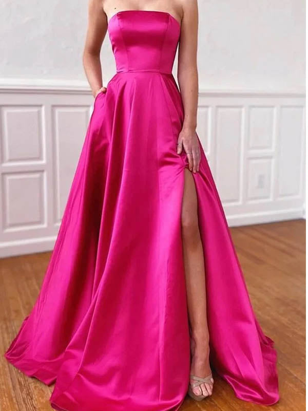 Elegant Strapless A-line Long Side Slit Prom Dress, OL427
