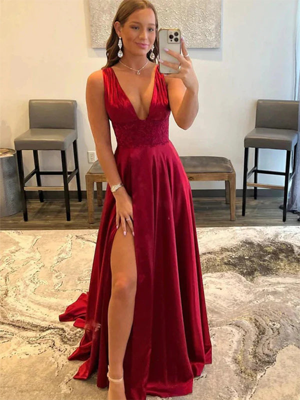 Red Open Back V-neck Long Prom Dress with High Slit, OL435