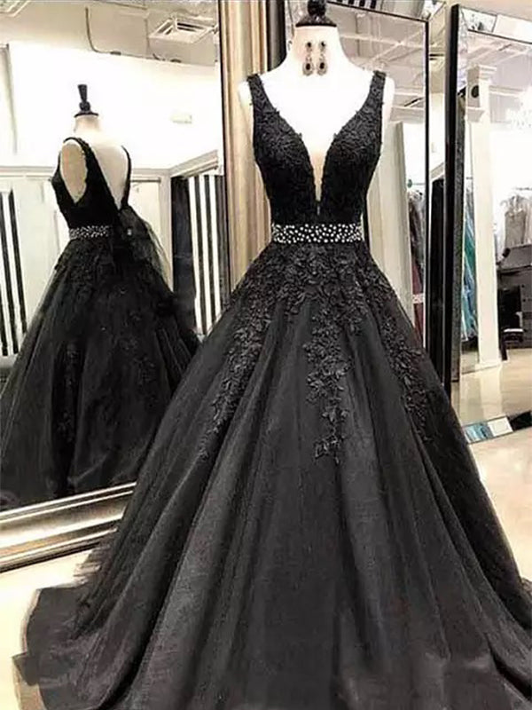 Tulle Deep V-neck Applique Prom Dress, OL455