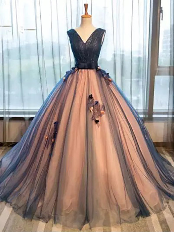 Elegant V-neck Black Tulle Applique Prom Dress, OL458