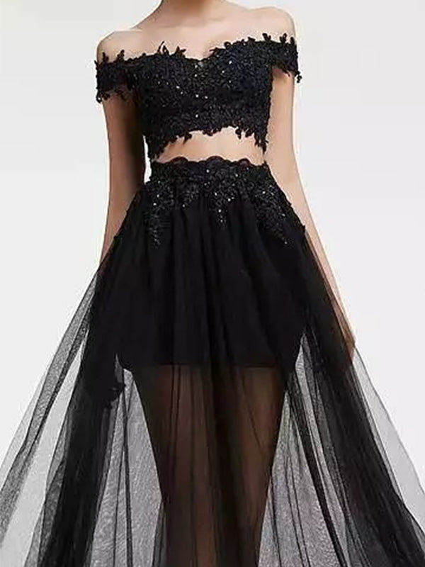 Black Two Pieces Off Shoulder Tulle Prom Dress, OL461