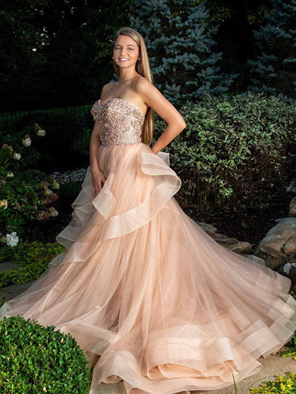 Elegant Sequins A-line Sweetheart Tulle Prom Dress, OL498