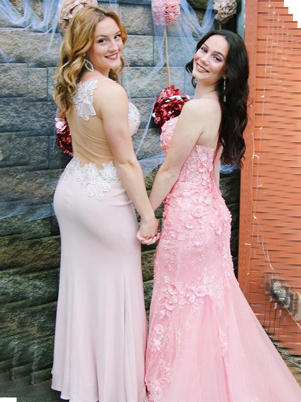Mismatched Mermaid Long Pink White  Prom Dress with Appliques, OL517