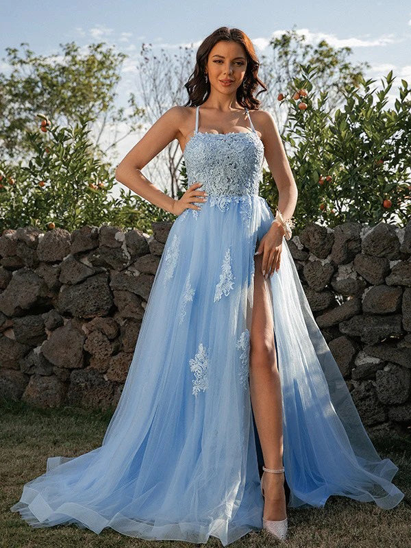 Elegant Sleeveless Blue Spaghetti Straps Applique Prom Dress, OL518