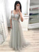 A-line V-neck Beaded Grey Tulle Long Prom Dress, OL519