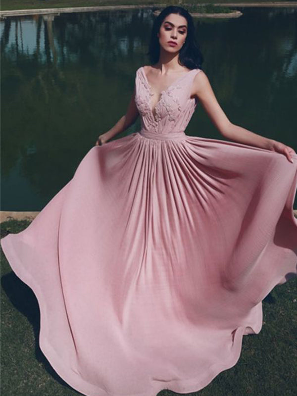 Elegant V-neck A-line Applique Long Prom Dress, OL533
