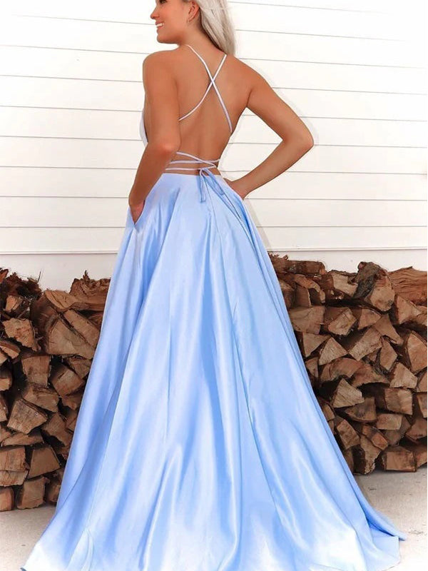 Elegant Blue Spaghetti Straps SIde Slit Prom Dress, OL563