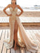 Spaghetti Straps V-neck Tulle Appliques Lace High Split Mermaid Prom Dress, OL579