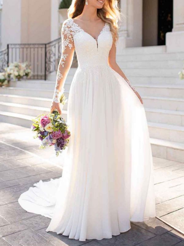 Chiffon V-neck A-line Long Sleeves Lace Applique Wedding Dress, WD0436