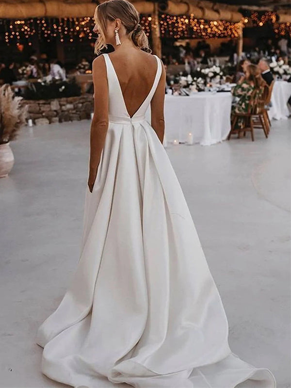 A-line Deep V-neck Open Back High Slit White Long Wedding dress, WD0430