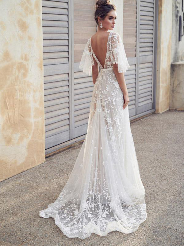 Ivory V-neck Lace Appliques Beach Wedding Dress, WD0453