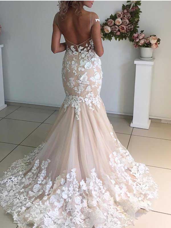 Champagne Pink Mermaid Tulle Lace Applique Wedding Dress, WD0468