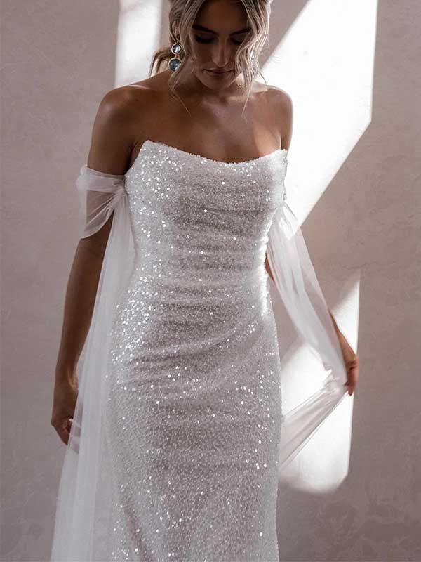 Sparkly Off Shoulder Mermaid Wedding Dress, WD0472