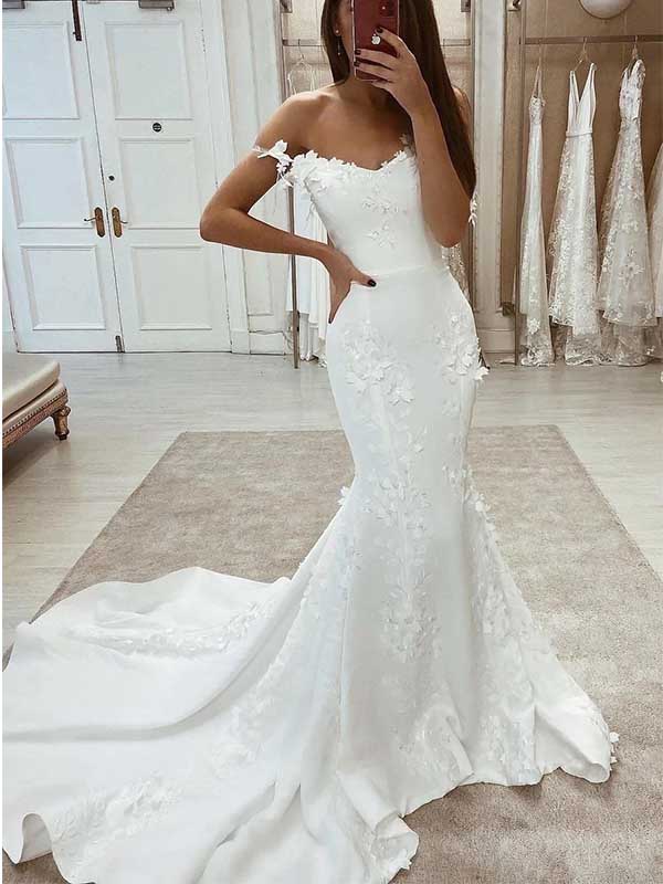 Thin Strap Satin Mermaid Wedding Dress with Lace Train - Promfy
