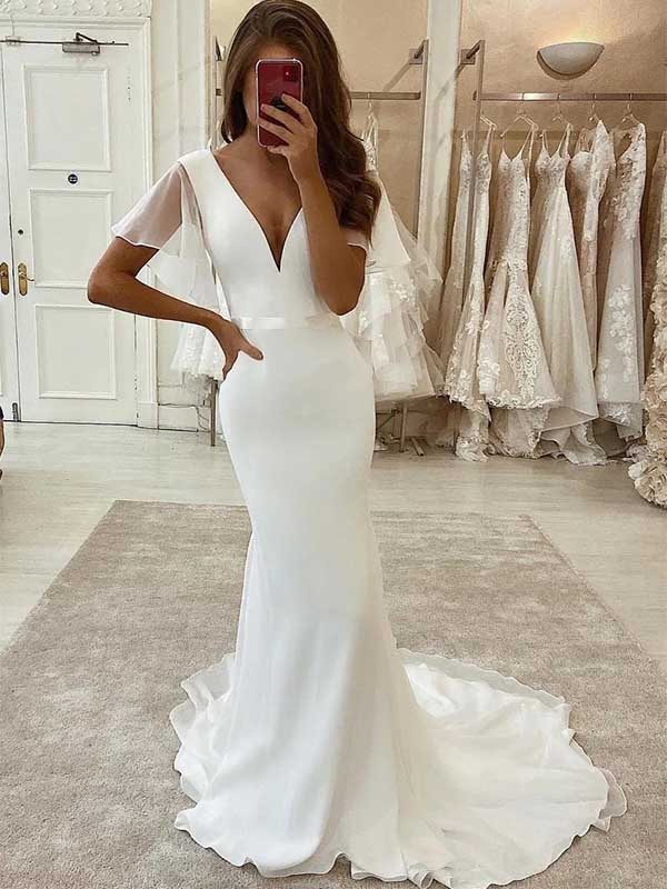White Mermaid V-neck Short Sleeves Satin Tulle Wedding Dress, WD0477