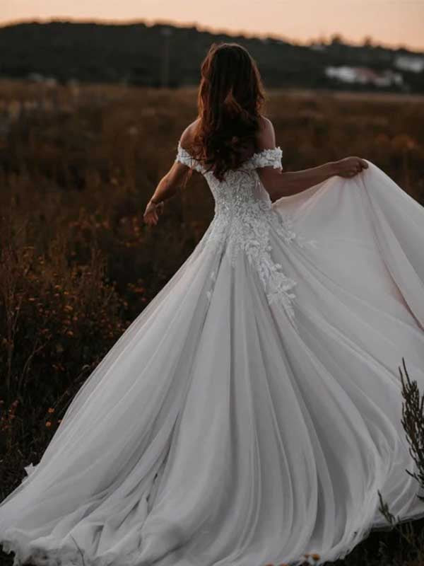 Elegant Off Shoulder Applique Tulle Wedding Dress, WD0483