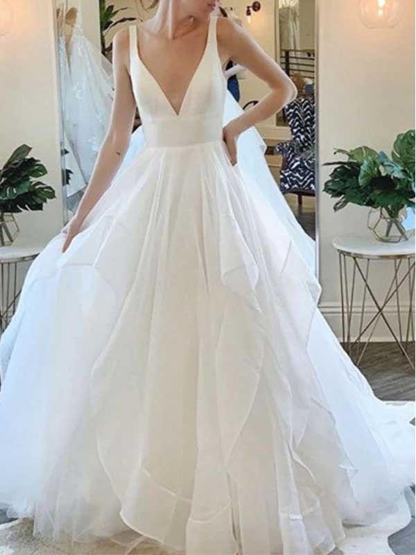 Beautiful Deep V-neck Sleeveless Tulle Wedding Dress with Ruffles, WD0494