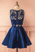 Two Pieces Lace Top Sleeveless Navy Blue Short Cheap Homecoming dresses, HD0366
