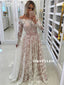 A-line Off-shoulder Long Sleeves Full Lace Long Prom Dresses, PD0607