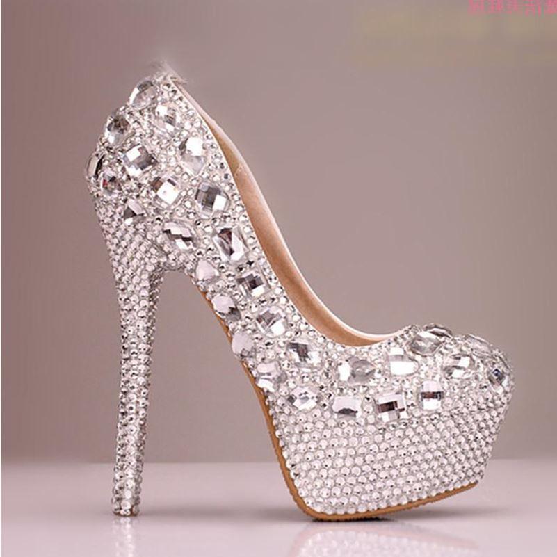 Women's Sparkly Crystal High Heels Pointed Toe White Wedding