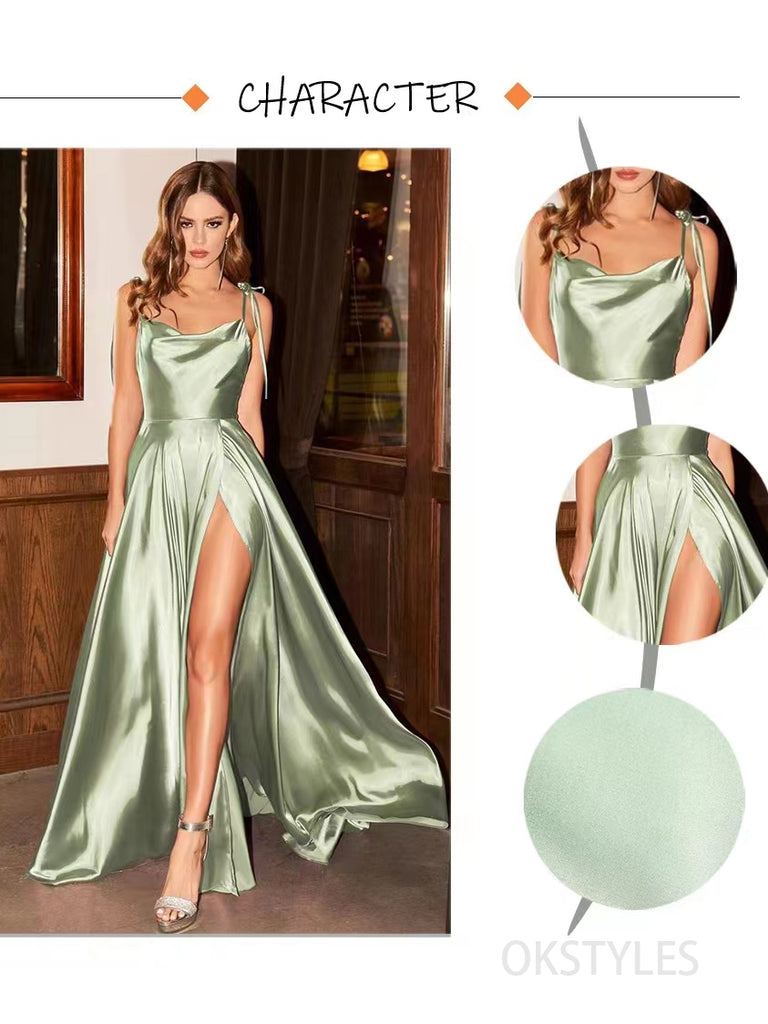 Elegant Sage Soft Satin Prom Dresses, OL315