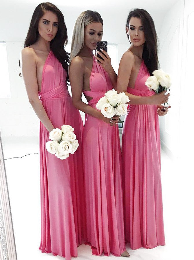 A-Line Floor-length V-neck Backless Pink Bridesmaid Dresses, BD0544 ...