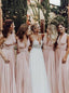 A-Line Floor-length V-neck Backless Pink Bridesmaid Dresses, BD0544