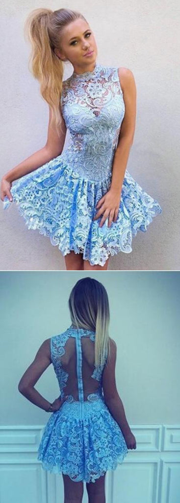 Hot Selling Sexy Full Lace Sleeveless Zipper Back Blue Short Homecoming dresses, HD0368