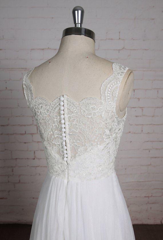 A-line V-neck Lace Top Tulle Skirt Sleeveless Simple Cheap Wedding Dress, WD0373
