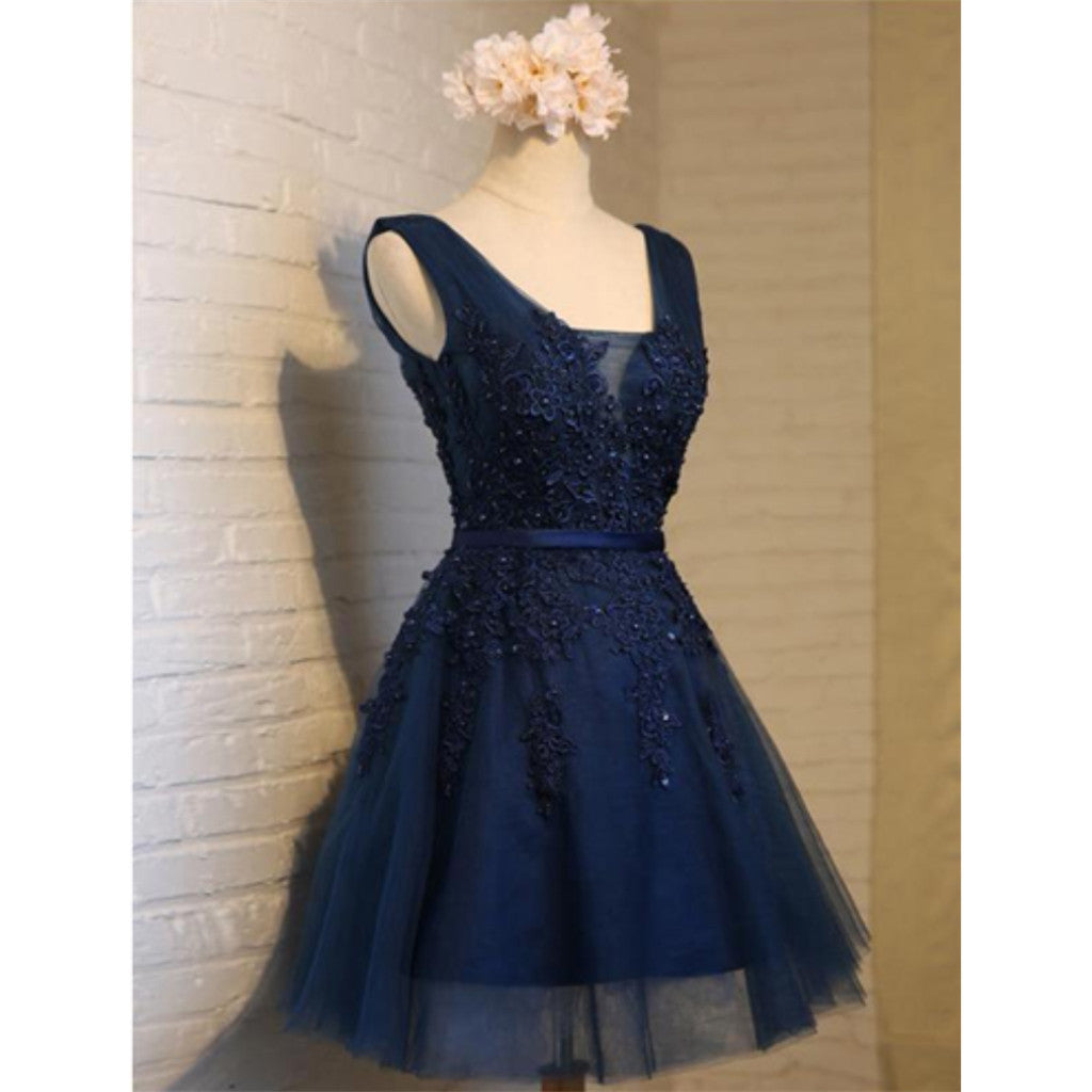 V Neck Navy Lace Beaded Short Homecoming Dresses Online, CM678