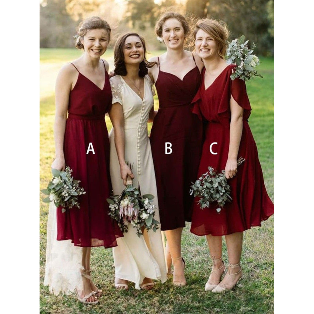 A-Line V-Neck Elegant Simple Short Red Chiffon Cheap Bridesmaid dresses, BD0515