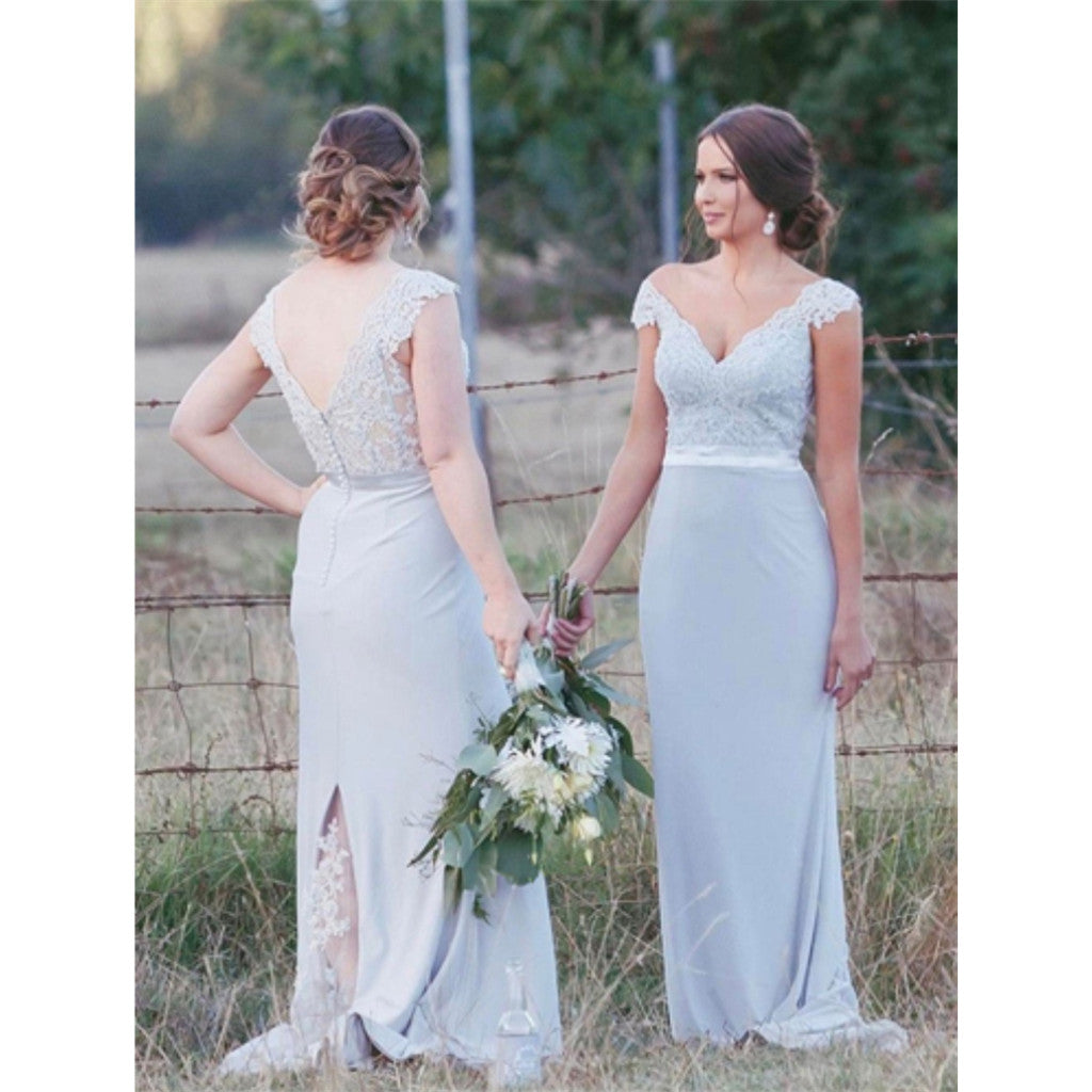 Cap Sleeves V-neck Lace Long Bridesmaid dresses With Train, BD0534