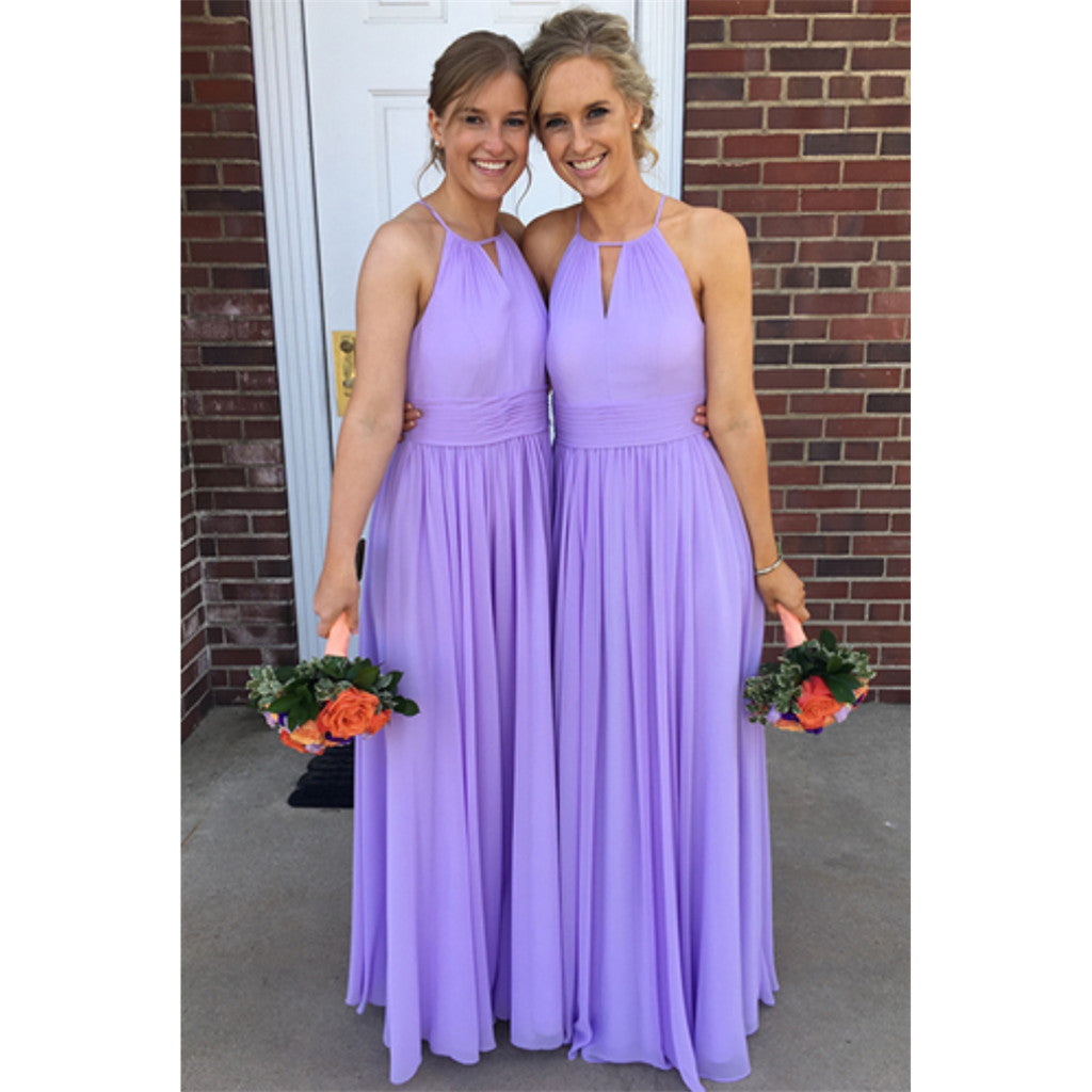 A-Line Halter Floor-Length Purple Bridesmaid Dresses With Pleats, BD0572