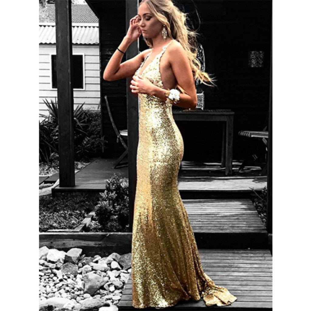 Mermaid V-Neck Backless Gold Sequins Long Prom Dresses With Train, PD0128