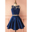 Two Pieces Lace Top Sleeveless Navy Blue Short Cheap Homecoming dresses, HD0366