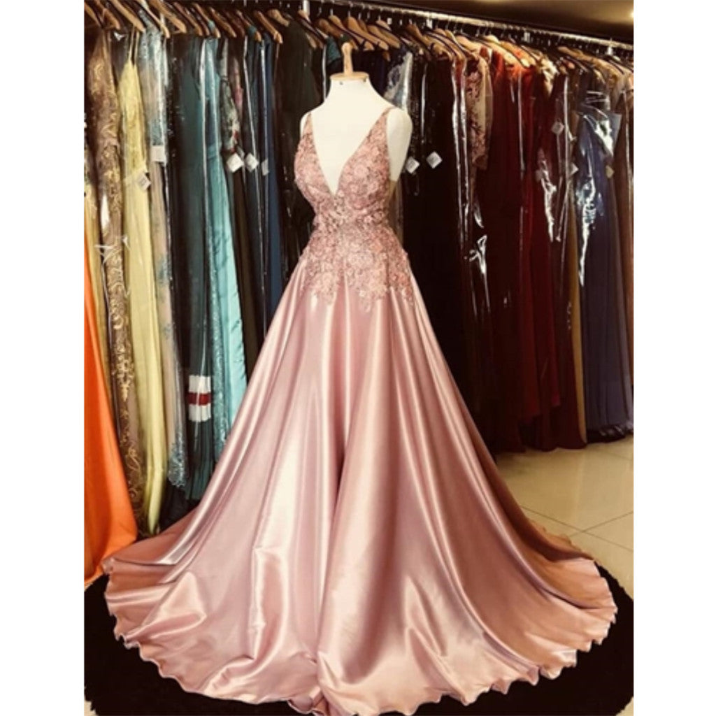 Gorgeous A-line V-neck Appliques Top Hot Selling Long Prom Dresses, PD0148