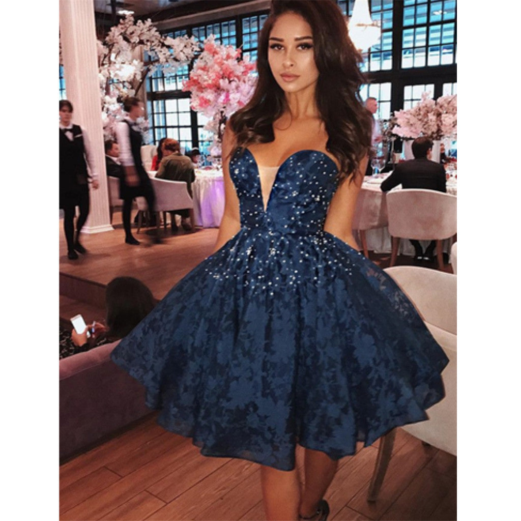 Newest A-Line Sweetheart Sexy Blue Lace Homecoming Dress with Beading, short prom dresses, PD0107